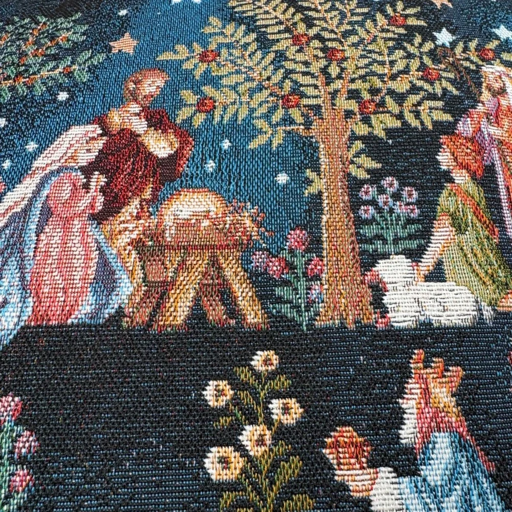 Christmas Nativity Tapestry Throw Pillow Navy Blue Woven Religious‎ Decor 14.5in